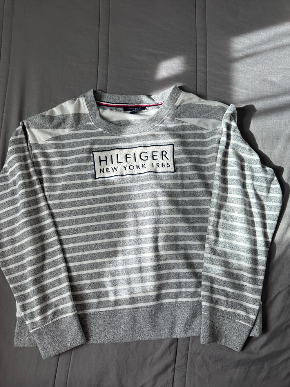 Tommy Hilfiger Gray & White Striped Crewneck Sweater & Pants w/ Logo Patch